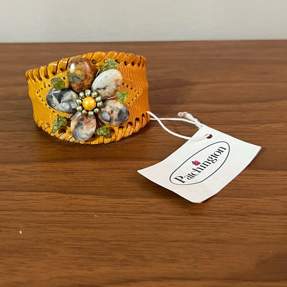 NEW Leather Cuff Bracelet With Stone & Beaded Flower.  Handcrafted in Thailand.